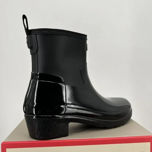 NWB HUNTER Women Refined Low Heel Biker Rubber Black Gloss Rain Boot Duo Size 10 - Picture 5 of 13